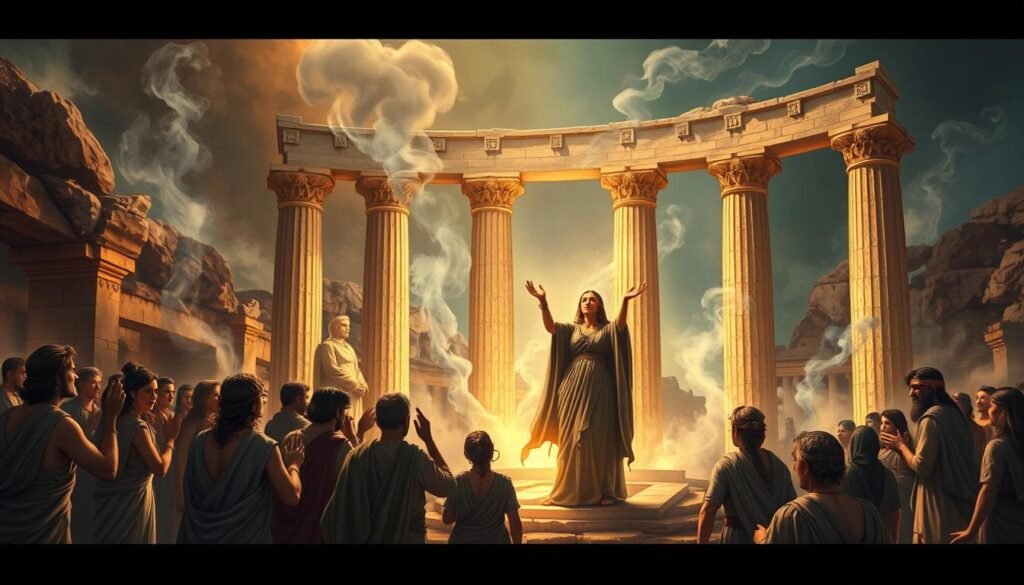 Ancient oracle at Delphi with priestess surrounded by seekers, representing historical psychic traditions