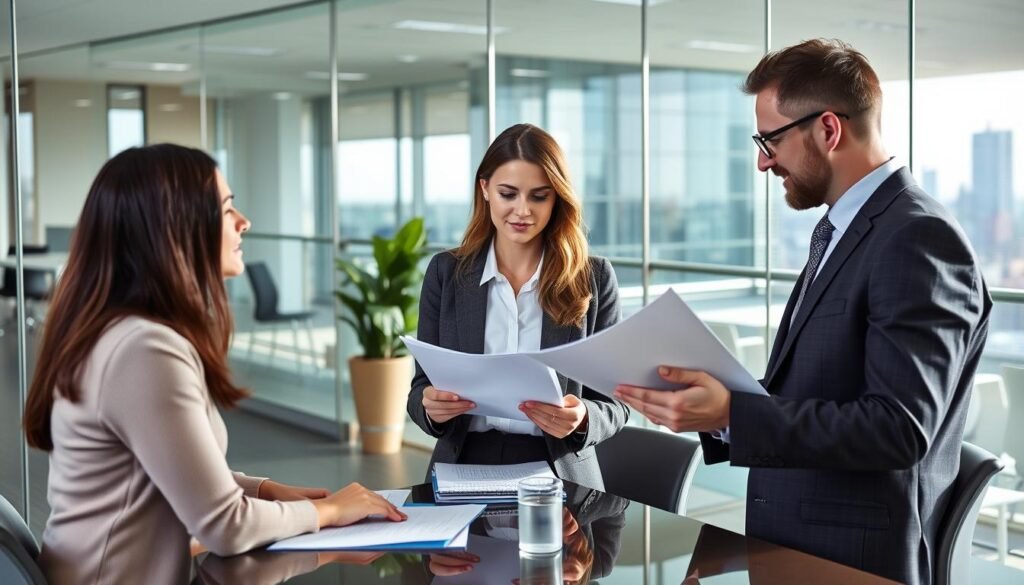 Professional psychic consultant working with business executives in a modern office setting