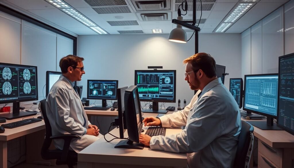 Scientific laboratory setting with researchers conducting experiments on psychic abilities using modern equipment