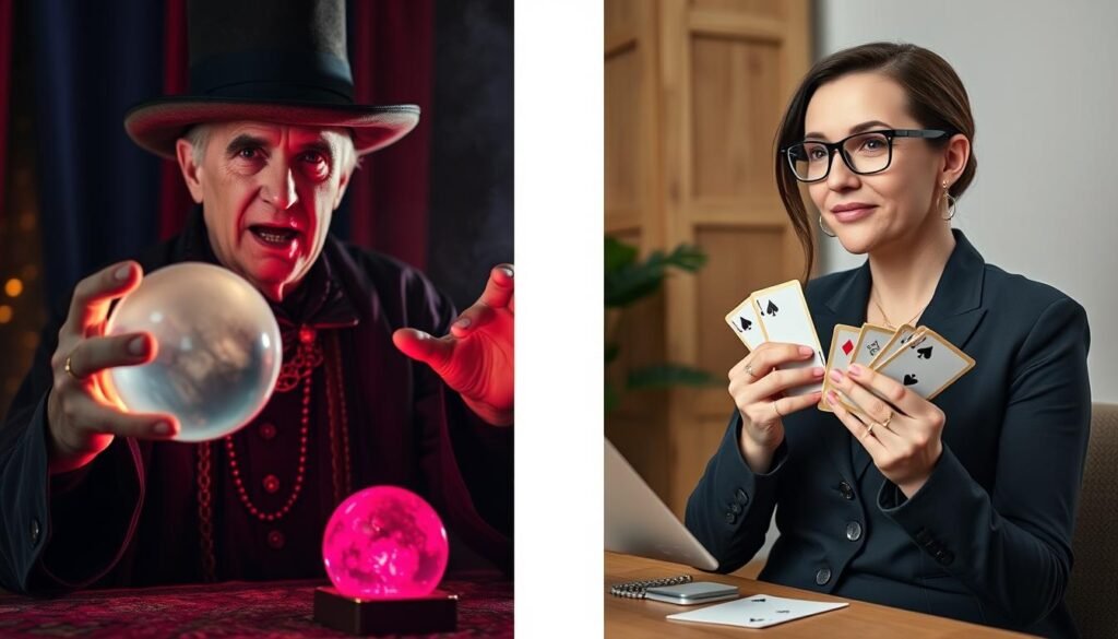 Contrasting images of stereotypical psychic fortune teller with crystal ball versus modern intuitive practitioner