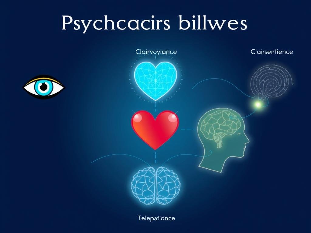 Visual representation of different psychic abilities showing symbols for clairvoyance, clairaudience, clairsentience, and telepathy